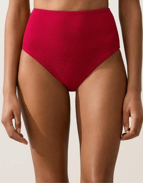 OYSHO – Klarröd, våfflad bikiniunderdel med hög midja - view 1