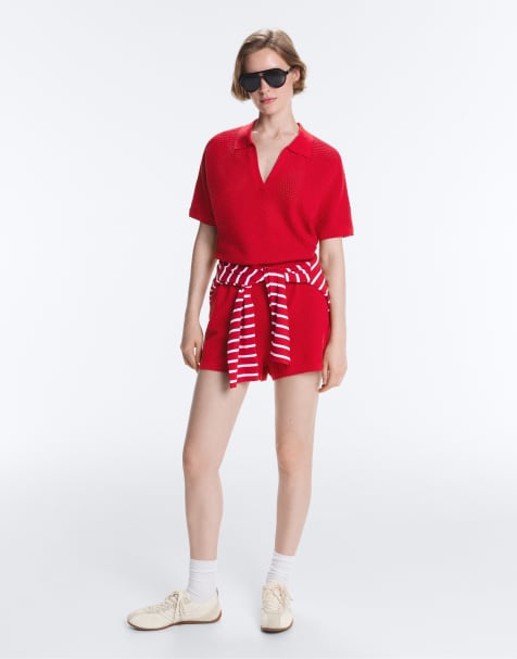 OYSHO – Klarröda, hålstickade shorts i bomull - view 1