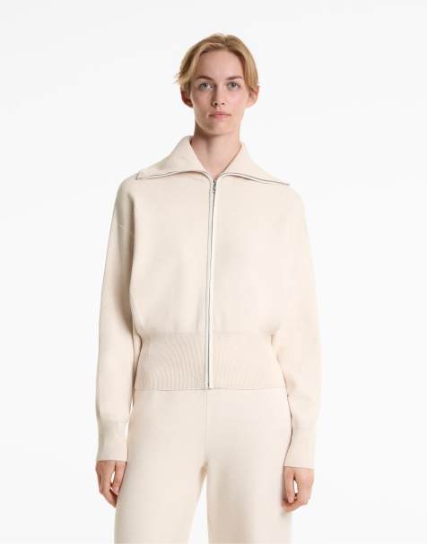 OYSHO Knit jacket with high collar and contrasting piping in ivory ecru - view 1