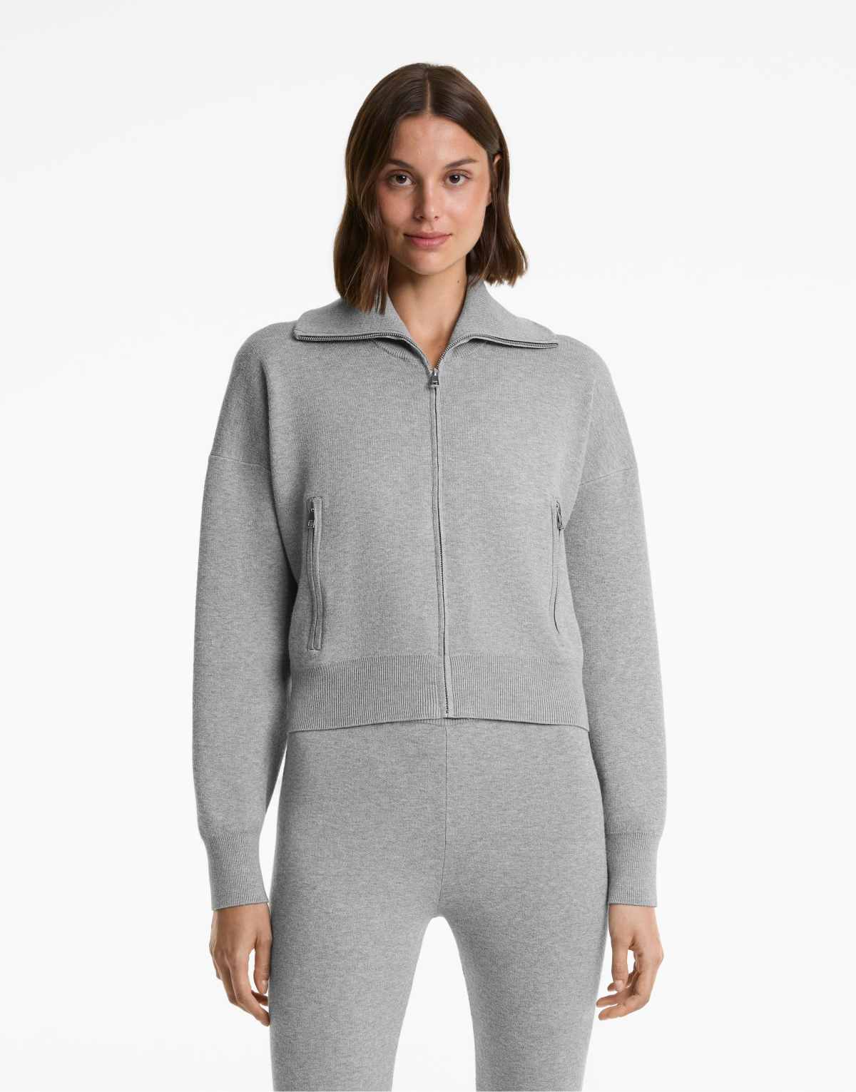OYSHO Knit jacket with high collar and pockets in grey