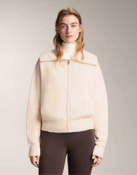 OYSHO Knit jacket with high collar in ecru
