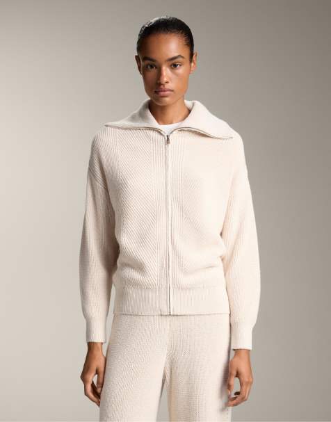 OYSHO Knit jacket with lapel collar in ivory ecru - view 1