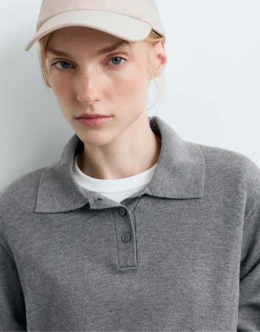 OYSHO Knit polo jumper in grey, 3 of 6