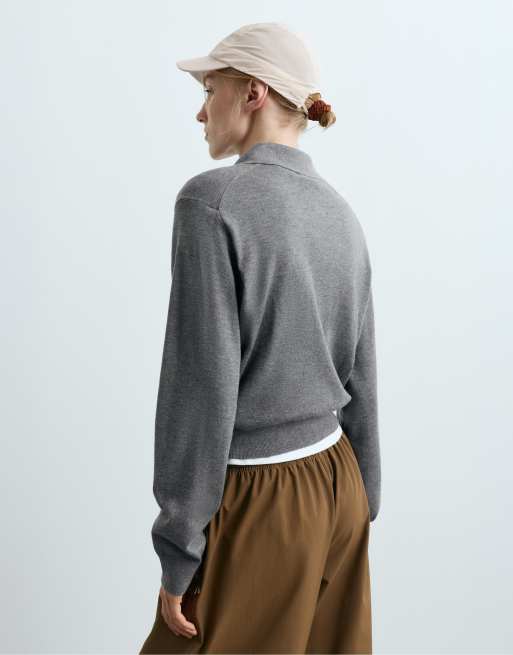OYSHO Knit polo jumper in grey, 4 of 6