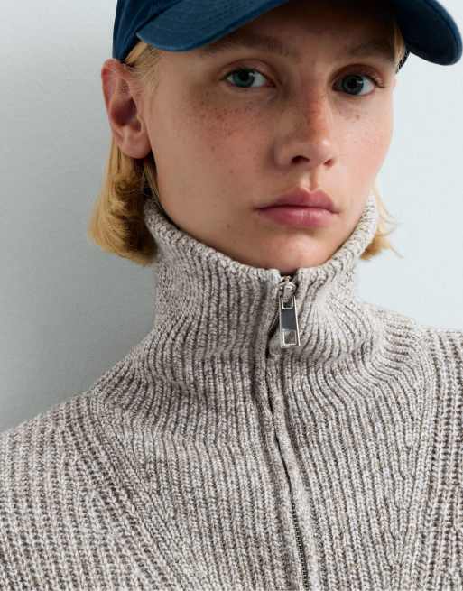 OYSHO Knit rib half-zip jumper in grey, 3 of 4