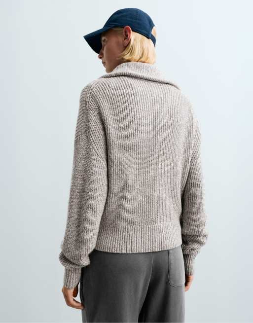 OYSHO Knit rib half-zip jumper in grey, 4 of 4