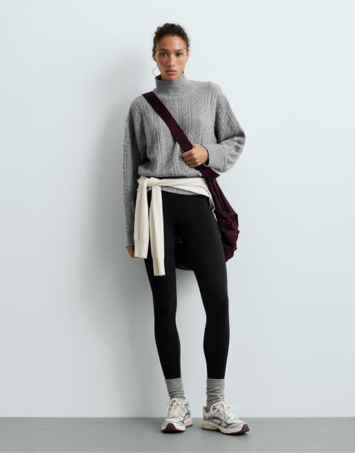 OYSHO knöchellange Leggings mit hohem Bund, warm, mit Reißverschlüssen, 70 cm, in Schwarz, 2 von 6