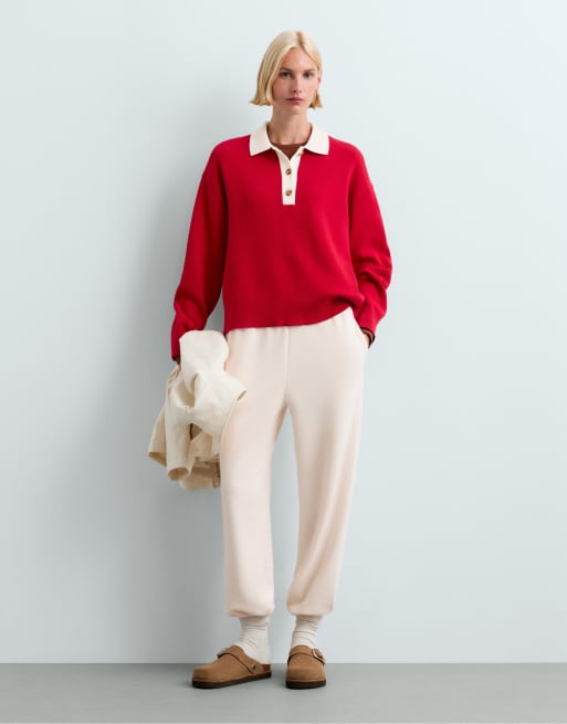 OYSHO Kontrast-Strick-Polo-Pullover in Rot, 2 von 6