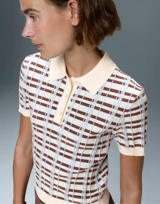 OYSHO kortærmet ternet strikket poloshirt i lys ecru, 3 af 6