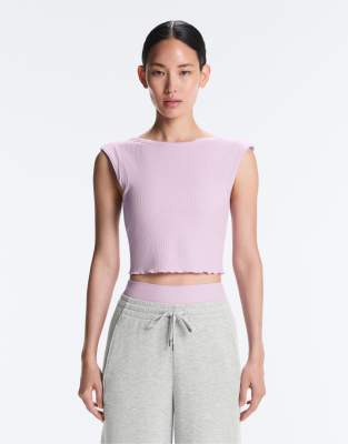 Kurzärmliges, geripptes Tanktop aus Modalmix in Lila mit Kräuseldetail Lila M