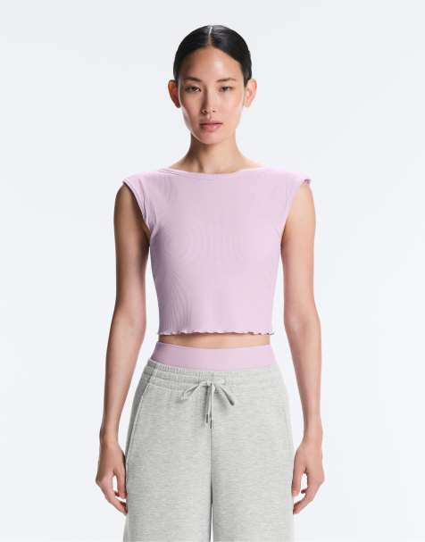 OYSHO – Kurzärmliges, geripptes Tanktop aus Modalmix in Lila mit Kräuseldetail - view 1