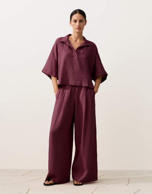 Oysho – Kurzärmliges Oversize-Hemd aus 100% Leinen in Lila, 2 von 4