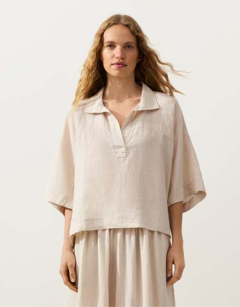 OYSHO – Kurzärmliges Oversize-Hemd aus 100% Leinen in Sandbeige meliert - view 1