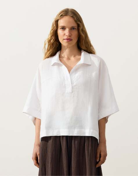 Oysho – Kurzärmliges Oversize-Hemd aus 100% Leinen in Wollweiß - view 1