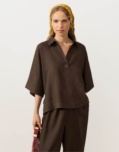 OYSHO – Kurzärmliges Oversize-Polohemd aus 100% Leinen in Braun - view 1