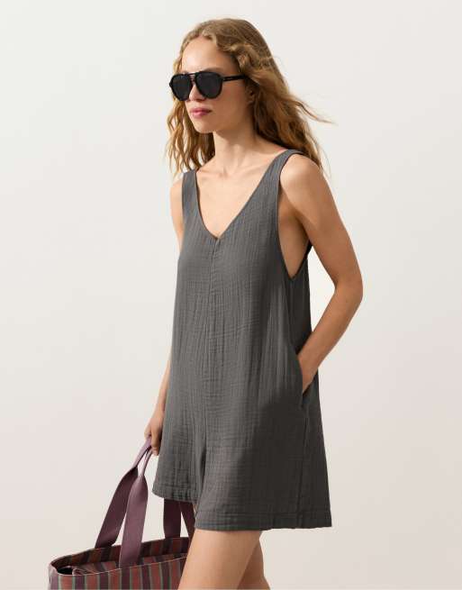 OYSHO – Kurzer Jumpsuit aus 100% Baumwolle in Grau, 3 von 4