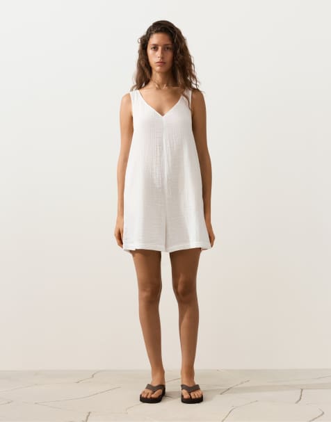 OYSHO – Kurzer Jumpsuit aus 100% Baumwolle in Wollweiß - view 1