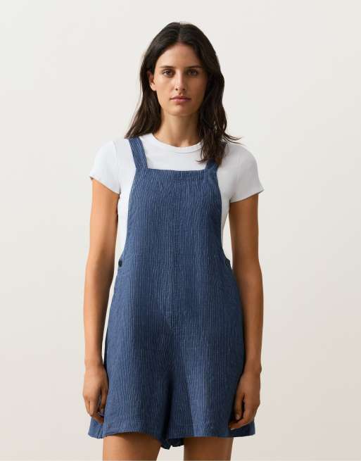OYSHO – Kurzer Jumpsuit aus 100% Leinen in Blau mit Riemchenträgern, 2 von 4