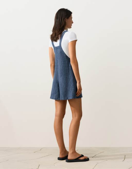 OYSHO – Kurzer Jumpsuit aus 100% Leinen in Blau mit Riemchenträgern, 4 von 4