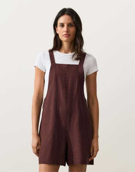 OYSHO – Kurzer Jumpsuit aus 100% Leinen in Braun mit Riemchenträgern, 2 von 4