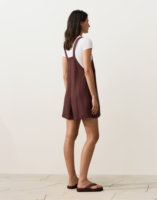 OYSHO – Kurzer Jumpsuit aus 100% Leinen in Braun mit Riemchenträgern, 4 von 4