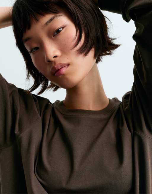 OYSHO långärmad oversize-t-shirt i brun, 3 av 5