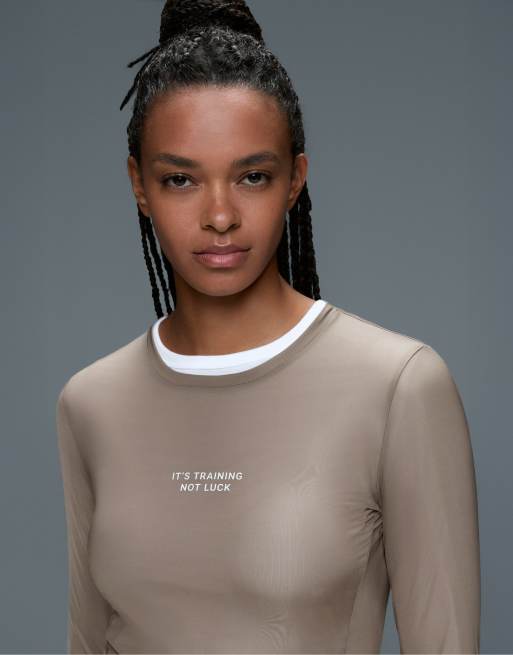 OYSHO långärmad teknisk t-shirt med text i brunt, 3 av 6