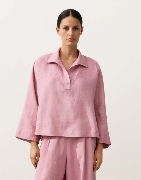 Oysho – Langärmliges Oversize-Hemd aus 100% Leinen in Rosa mit Polokragen - view 1