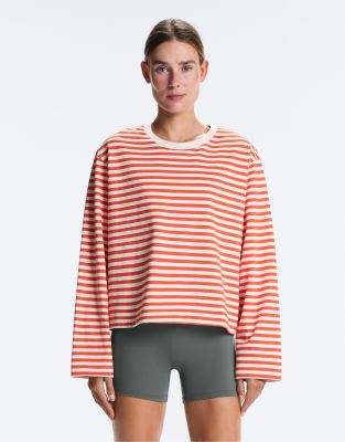 Langarmshirt aus Baumwolle in Orange gestreift Orange S