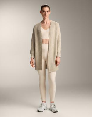 OYSHO - Lange, gerippte Strickjacke in Stein-Grau