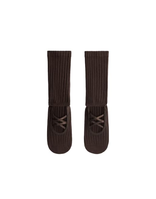 OYSHO lange klassiske yoga- og pilatesstrømper med polstring, bomuldsblanding og dobbelte stropper i brun, 2 af 4