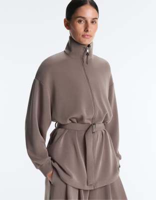 OYSHO - Lange Korsett-Jacke in Taupe-Grau mit weichem Modal-Gürtel