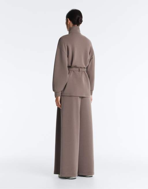 OYSHO – Lange Korsett-Jacke in Taupe-Grau mit weichem Modal-Gürtel, 4 von 4