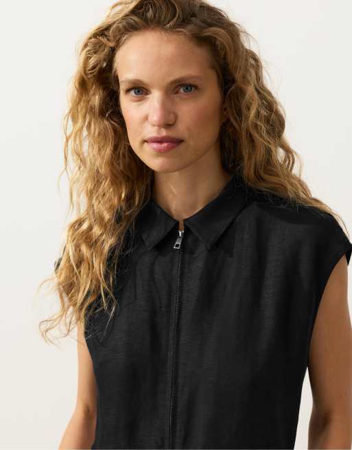 OYSHO – Langer Baumwoll-Jumpsuit in Schwarz mit Kragen, 3 von 4