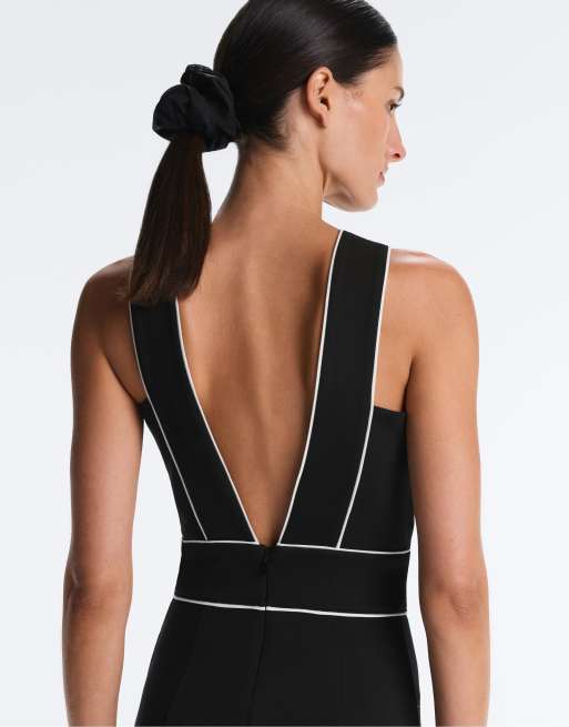 Oysho – Langer Pikee-Jumpsuit in Schwarz mit Baumwollanteil und Paspelierung, 2 von 4