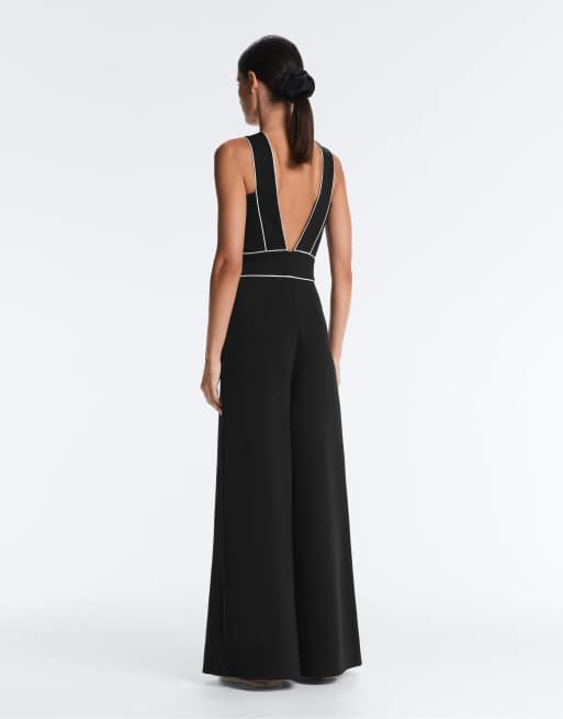 Oysho – Langer Pikee-Jumpsuit in Schwarz mit Baumwollanteil und Paspelierung, 3 von 4