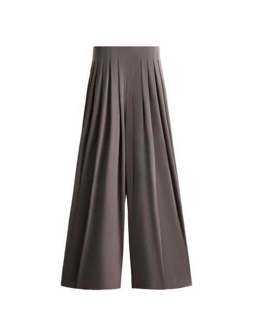 OYSHO lätta byxor med vida ben och veck i brun-khaki, 5 av 5