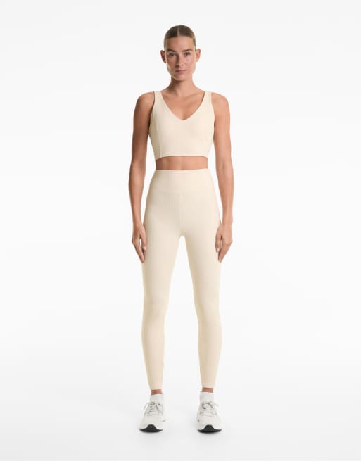 OYSHO - Leggings a vita alta color avorio écru da 65 cm lavorati a nido d'ape