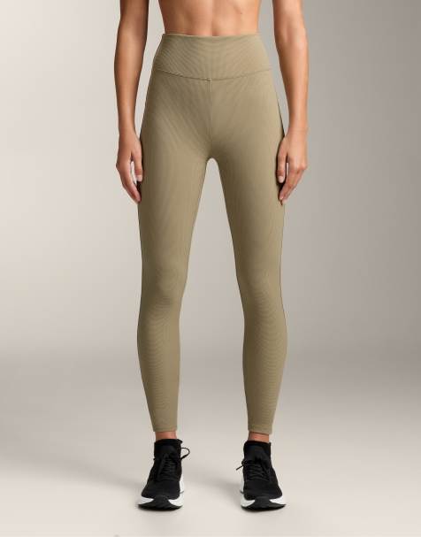 OYSHO - Leggings a vita alta kaki slavato da 65 cm lavorati a nido d'ape - view 1