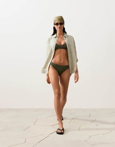 OYSHO Leopard print textured bikini in dark khaki - view 1