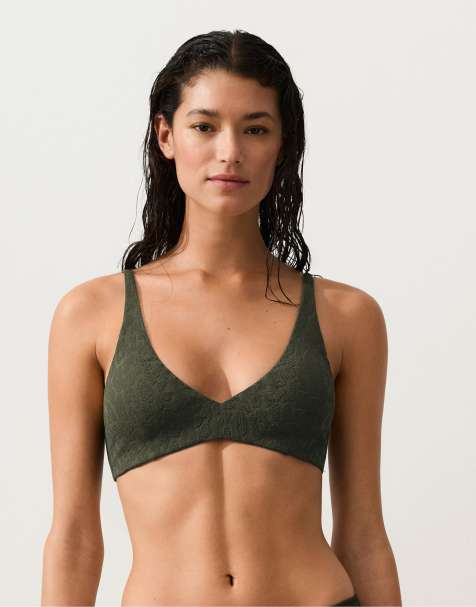 OYSHO Leopard print textured halter bikini top in dark khaki