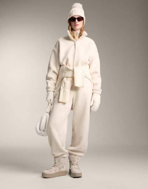 OYSHO - Let jumpsuit med justerbar talje i ecru imiteret lammeskind - view 1