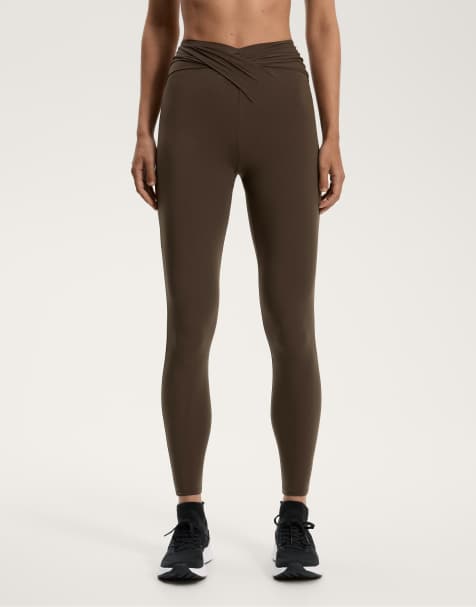 OYSHO Light touch draped v-cut ankle-length leggings in dark brown - view 1