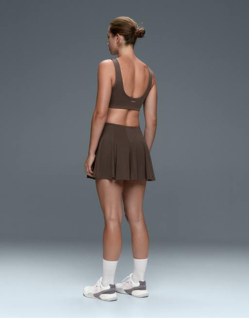 OYSHO Light touch godet short skirt in brown, 4 of 4