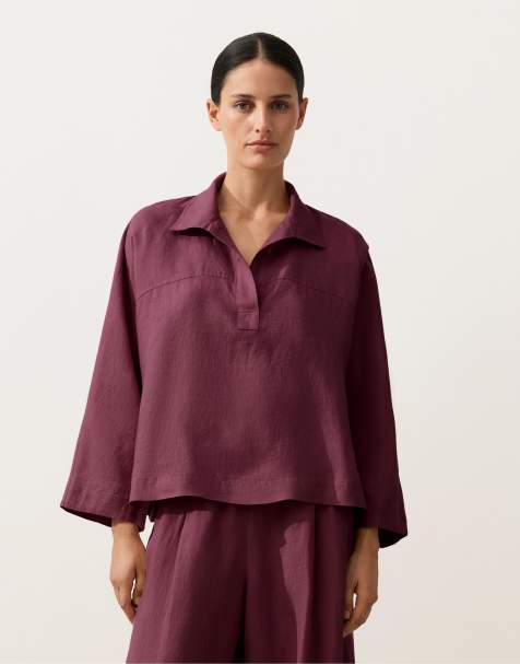 OYSHO - Lilla oversized poloskjorte i 100% hør med lange ærmer - view 1
