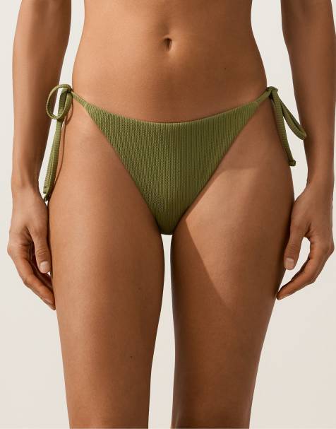 OYSHO – Ljus, kakifärgad och ribbad bikiniunderdel med medeltäckning och knytning - view 1