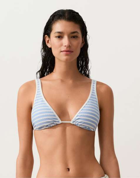 OYSHO – Ljusblå, randig bikiniöverdel i trekantsmodell med textur - view 1