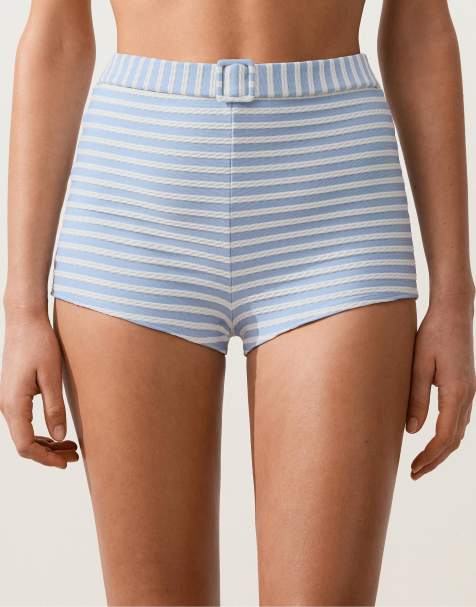 OYSHO – Ljusblå, randiga, texturerade bikinishorts med hög midja och skärp - view 1