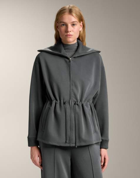 OYSHO Long brushed modal jacket with adjustable waist and tricot collar in anthracite grey - view 1