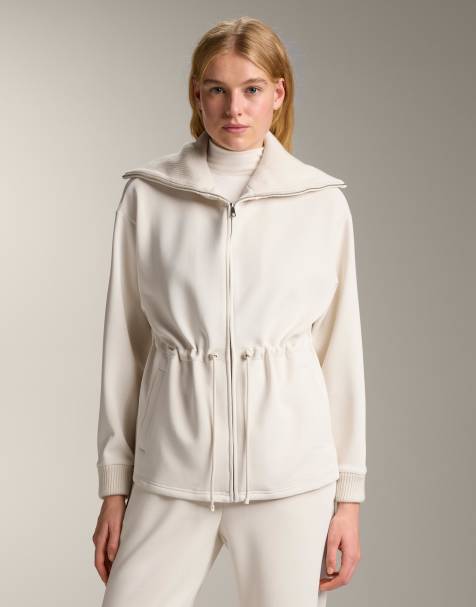 OYSHO Long brushed modal jacket with adjustable waist and tricot collar in ecru - view 1